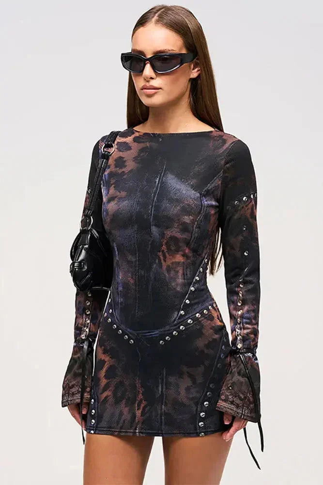 Women's Mini Long-Sleeve Dress with Abstract Print and Studs