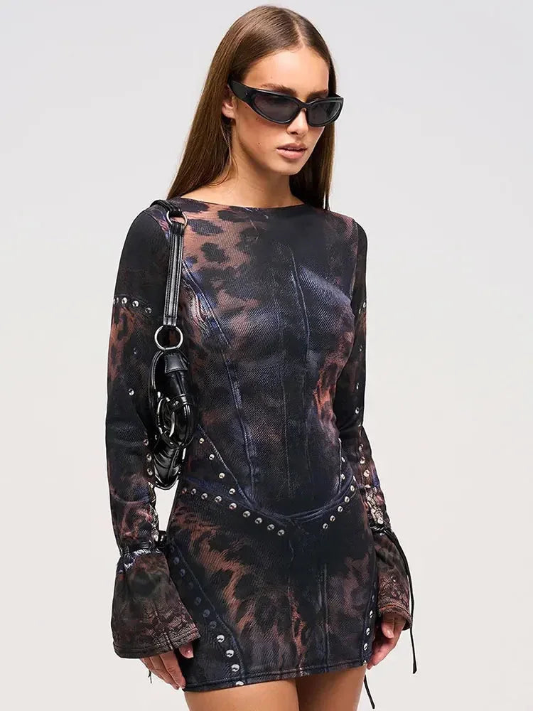 Women's Mini Long-Sleeve Dress with Abstract Print and Studs