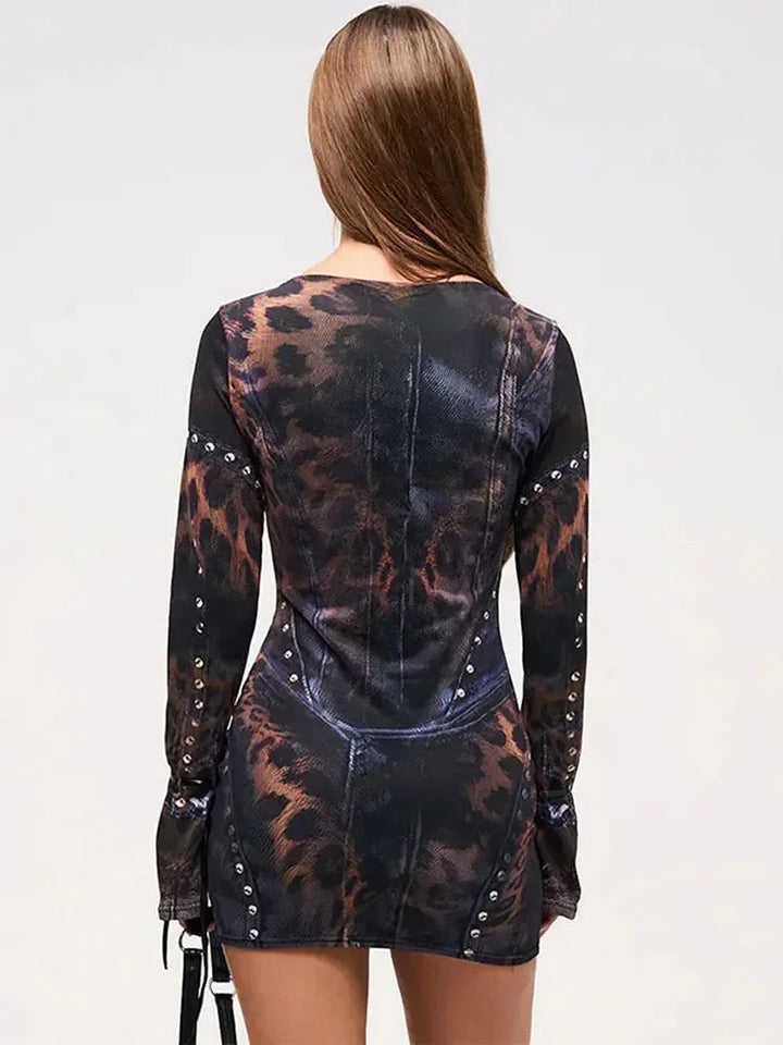 Women's Mini Long-Sleeve Dress with Abstract Print and Studs