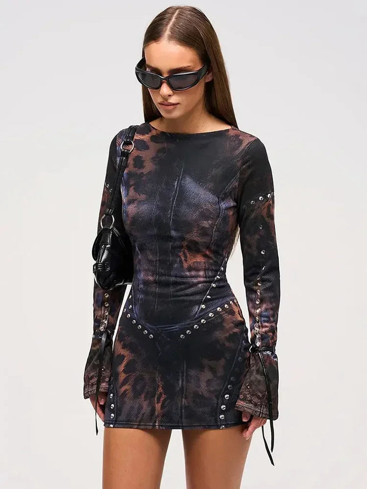 Women's Mini Long-Sleeve Dress with Abstract Print and Studs