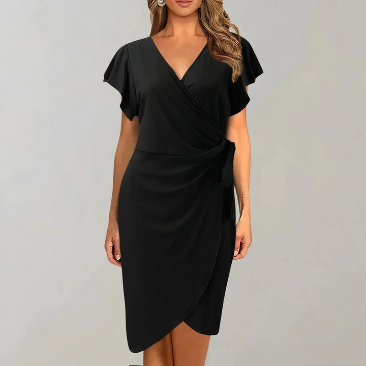 Women's Short Wrap Dress with Bow-Tie V-Neck and Short Sleeves