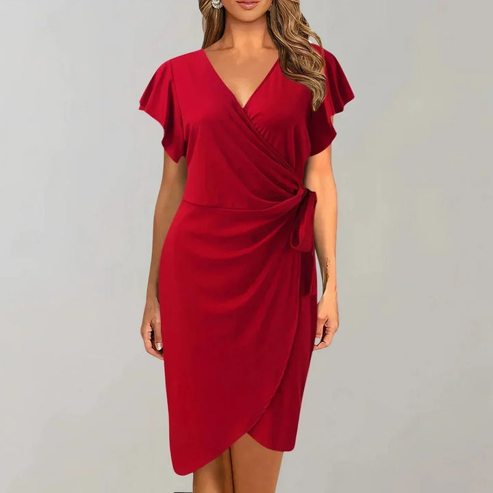 Women's Short Wrap Dress with Bow-Tie V-Neck and Short Sleeves