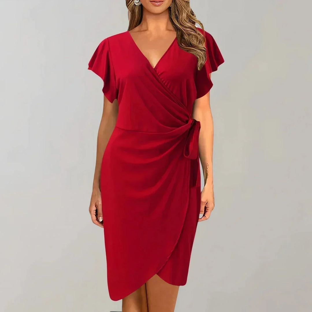 Women's Short Wrap Dress with Bow-Tie V-Neck and Short Sleeves