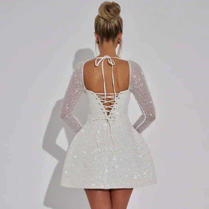 Women's Mini Evening Dress with Sparkling Long Sleeves