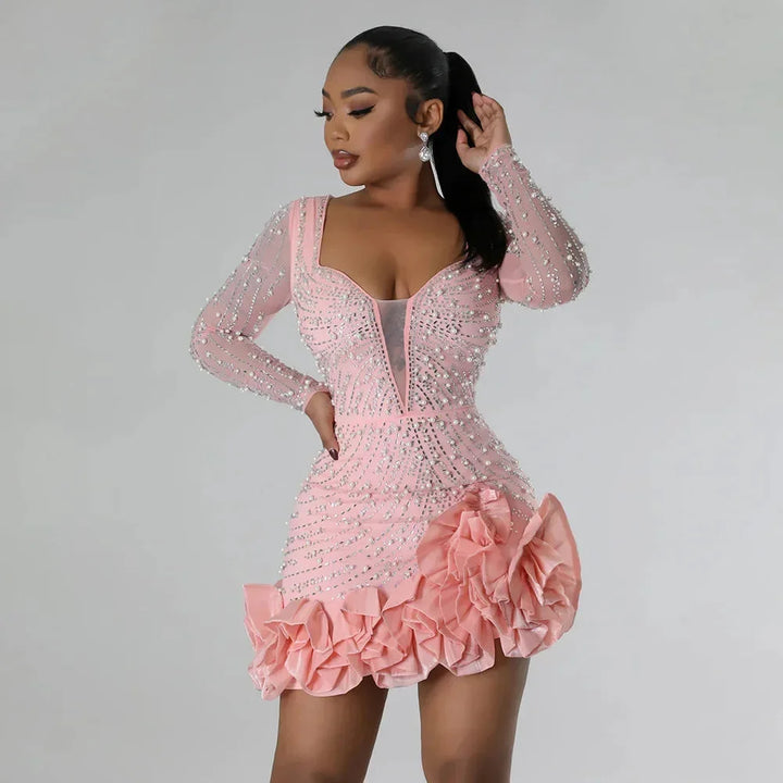 Women's Long Sleeve Mini Evening Dress with Plunge Neckline