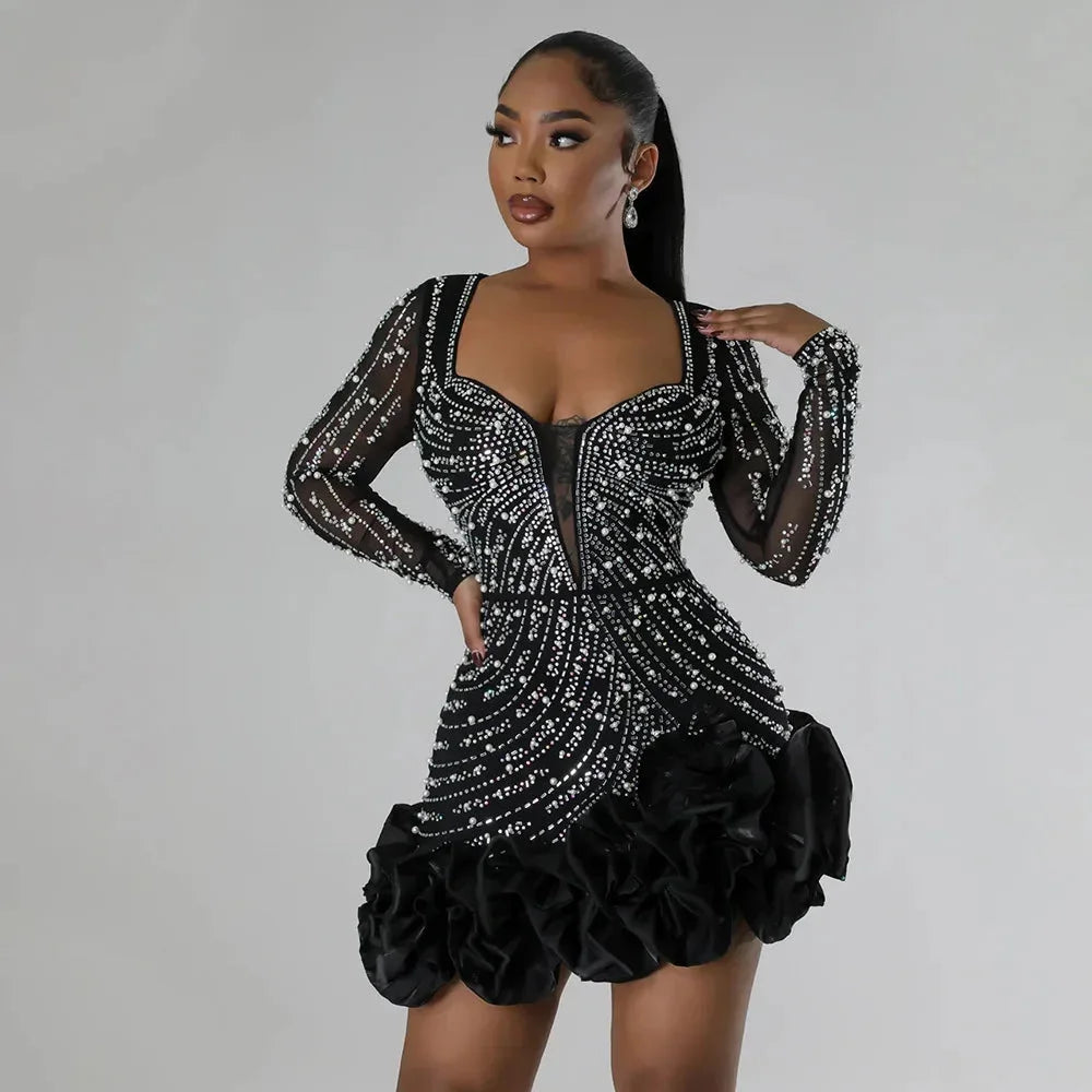Women's Long Sleeve Mini Evening Dress with Plunge Neckline