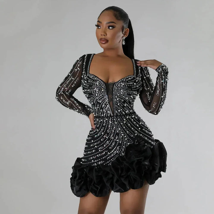 Women's Long Sleeve Mini Evening Dress with Plunge Neckline