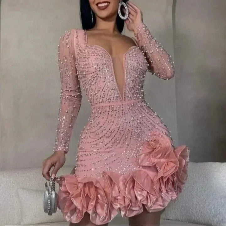 Women's Long Sleeve Mini Evening Dress with Plunge Neckline