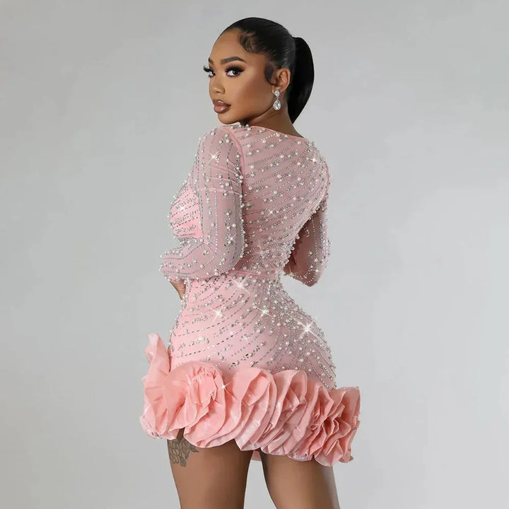 Women's Long Sleeve Mini Evening Dress with Plunge Neckline