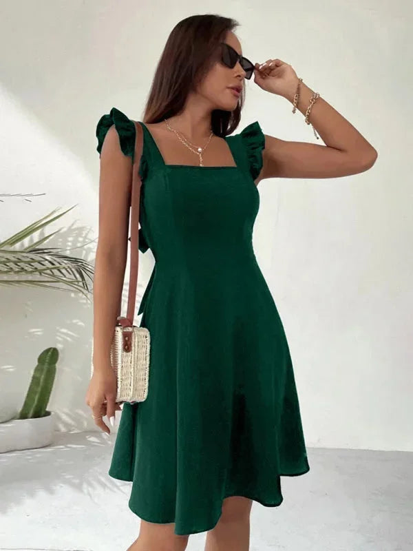 Women's Short Flared Summer Dress with Ruffle Sleeves
