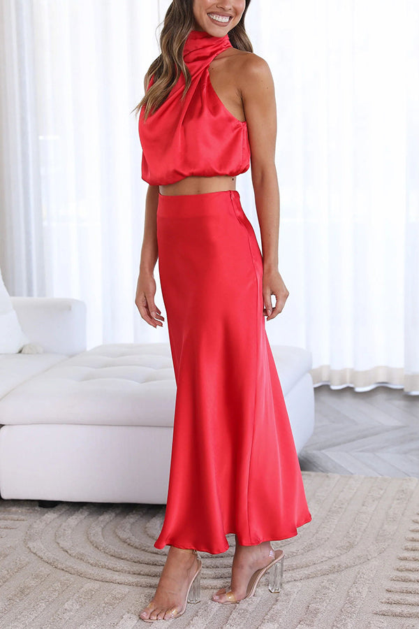 Women's Two-Piece Halter Set with Cropped Top and Skirt