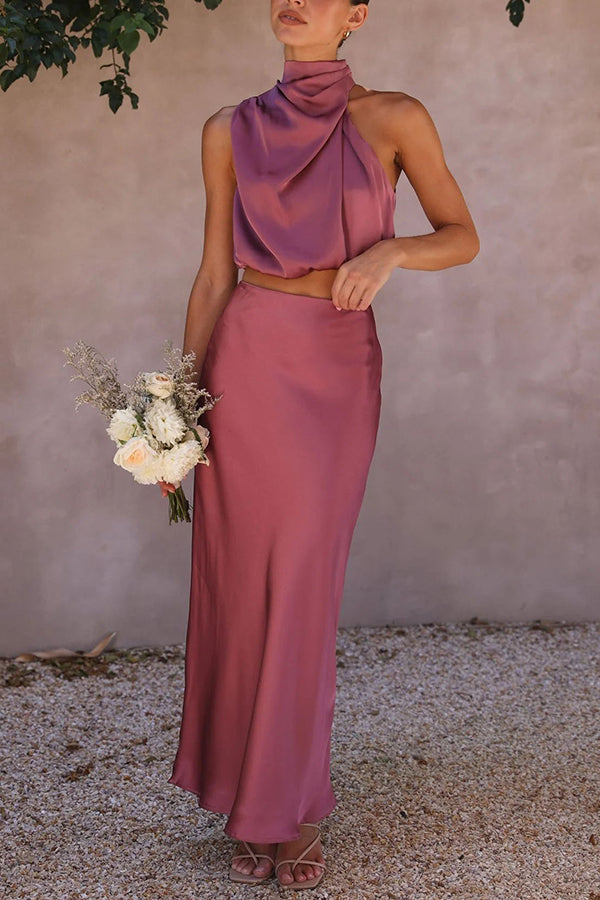 Women's Two-Piece Halter Set with Cropped Top and Skirt