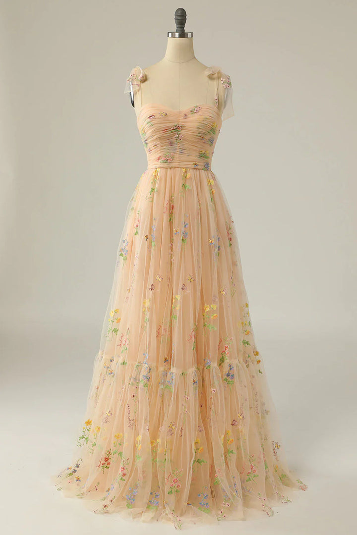 Women's Tulle Ball Gown with Floral Embroidery