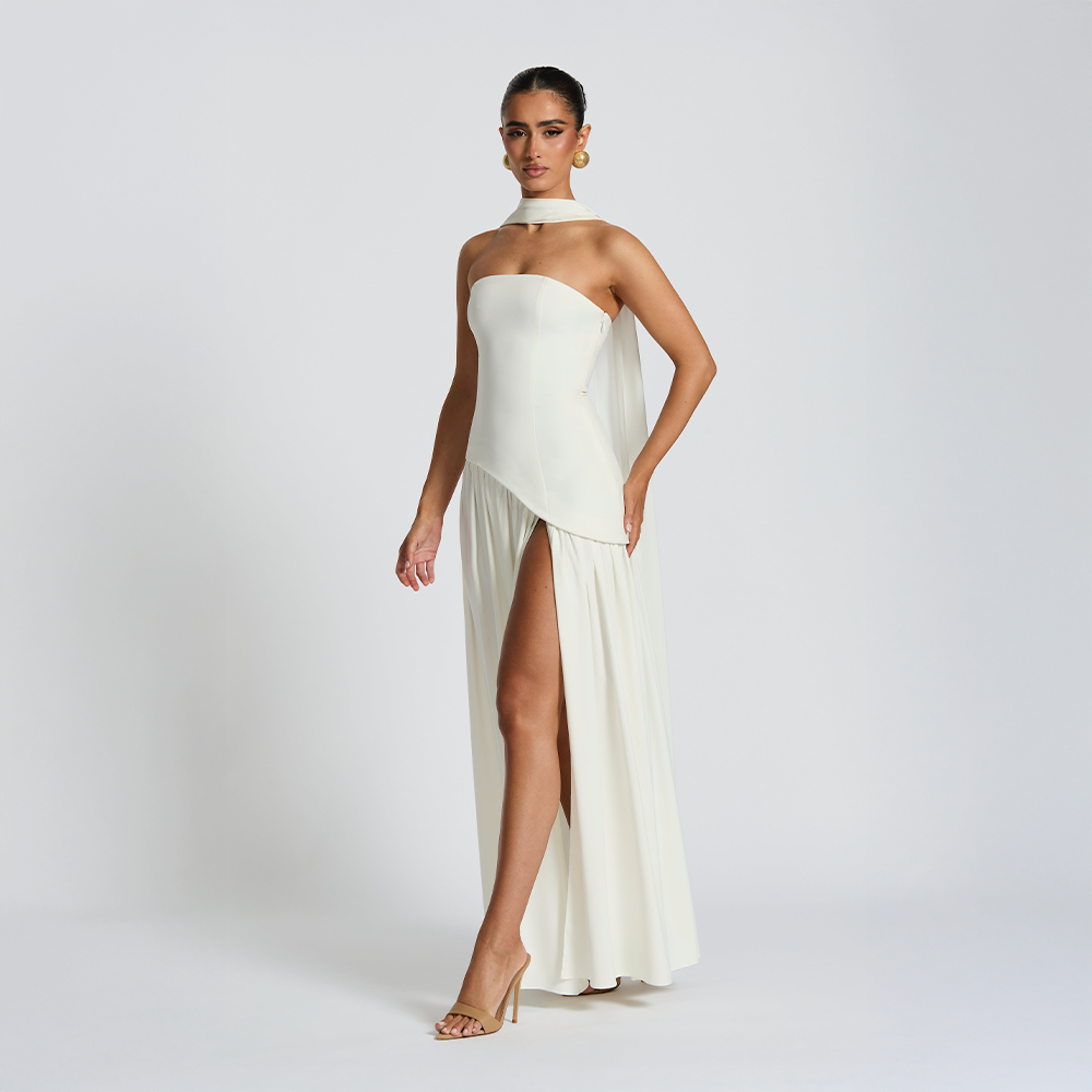 Strapless Dress with Asymmetric Hem and High Slit