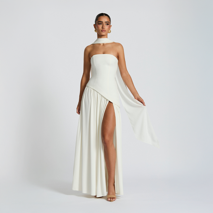 Strapless Dress with Asymmetric Hem and High Slit