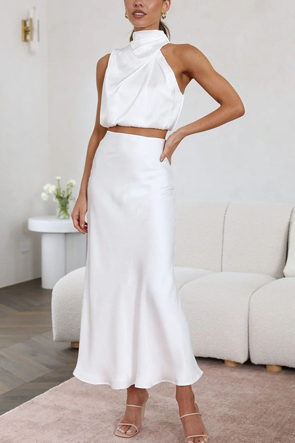 Women's Two-Piece Halter Set with Cropped Top and Skirt