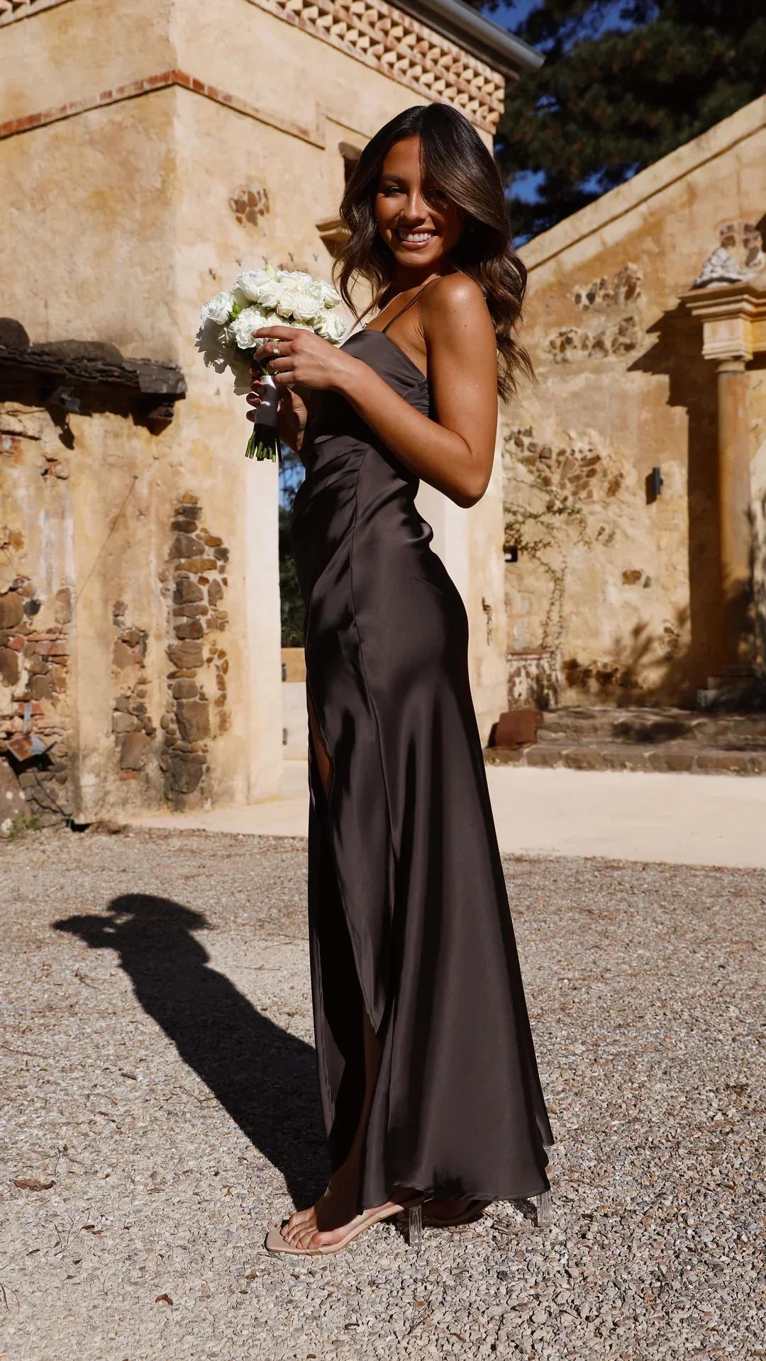Straight-Neck Slip Dress, Sleeveless Midi Gown with Side Slit
